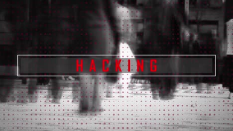 animation of hacking text over people walking in city