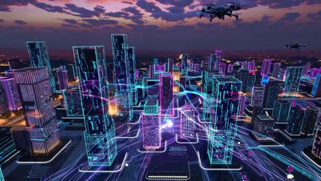 futuristic smart city with drone connectivity