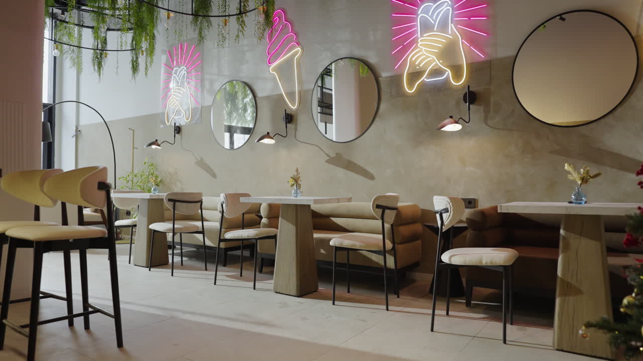 Modern Cafe Interior Design with Neon Lights