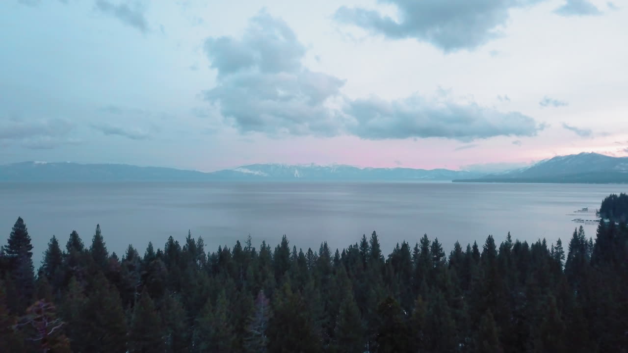 Drone shot of Lake Tahoe during blue hour
