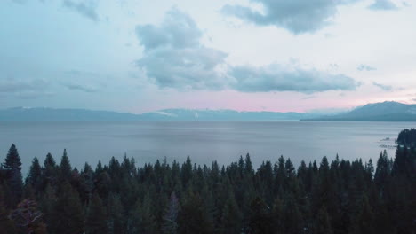 drone shot of lake tahoe during blue hour
