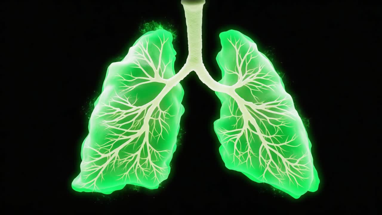 A Detailed Exploration of Lungs Illustrated in Radiant Green, Showcasing Intricate Branching Structures and Textures in a Dark Background Setting