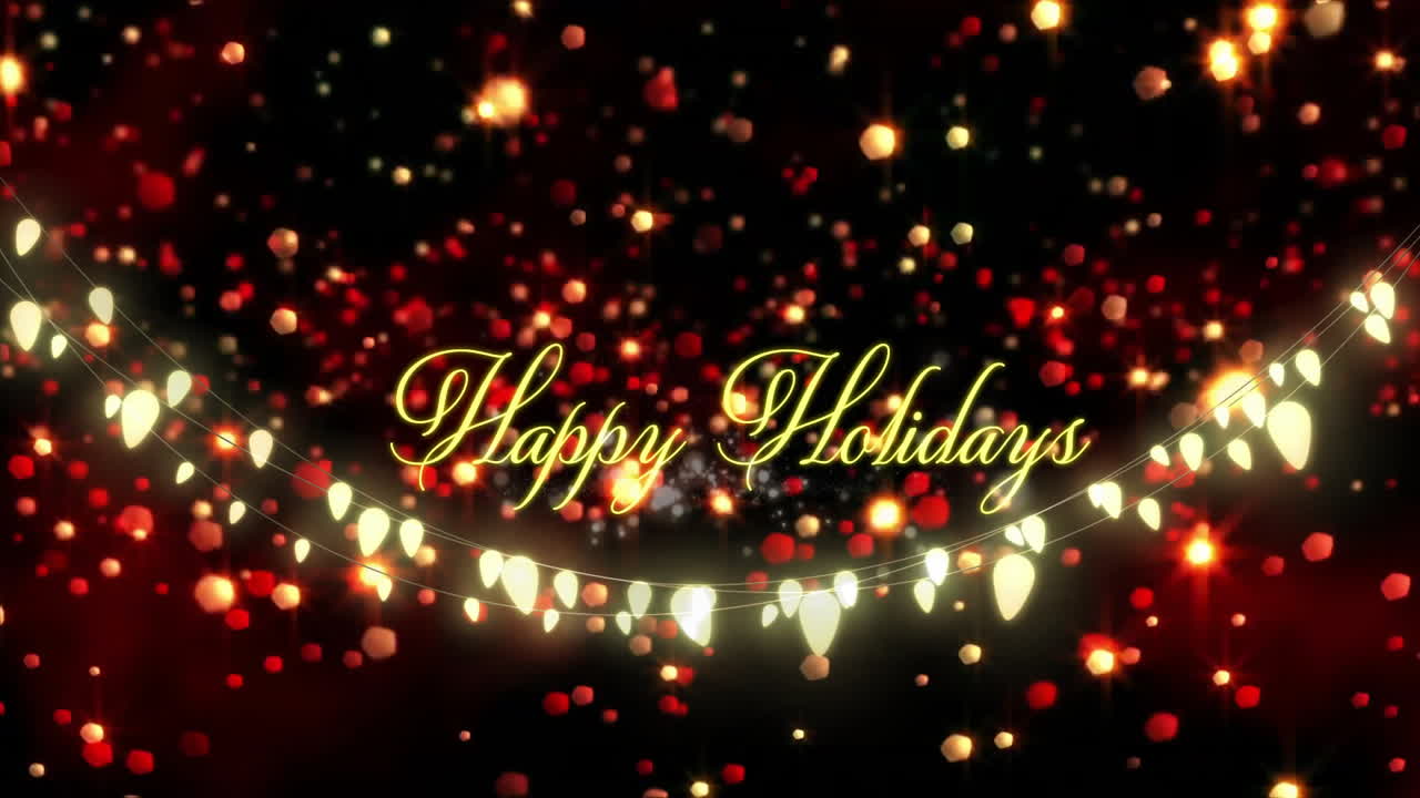 Happy Holidays text animation over festive lights and sparkling background