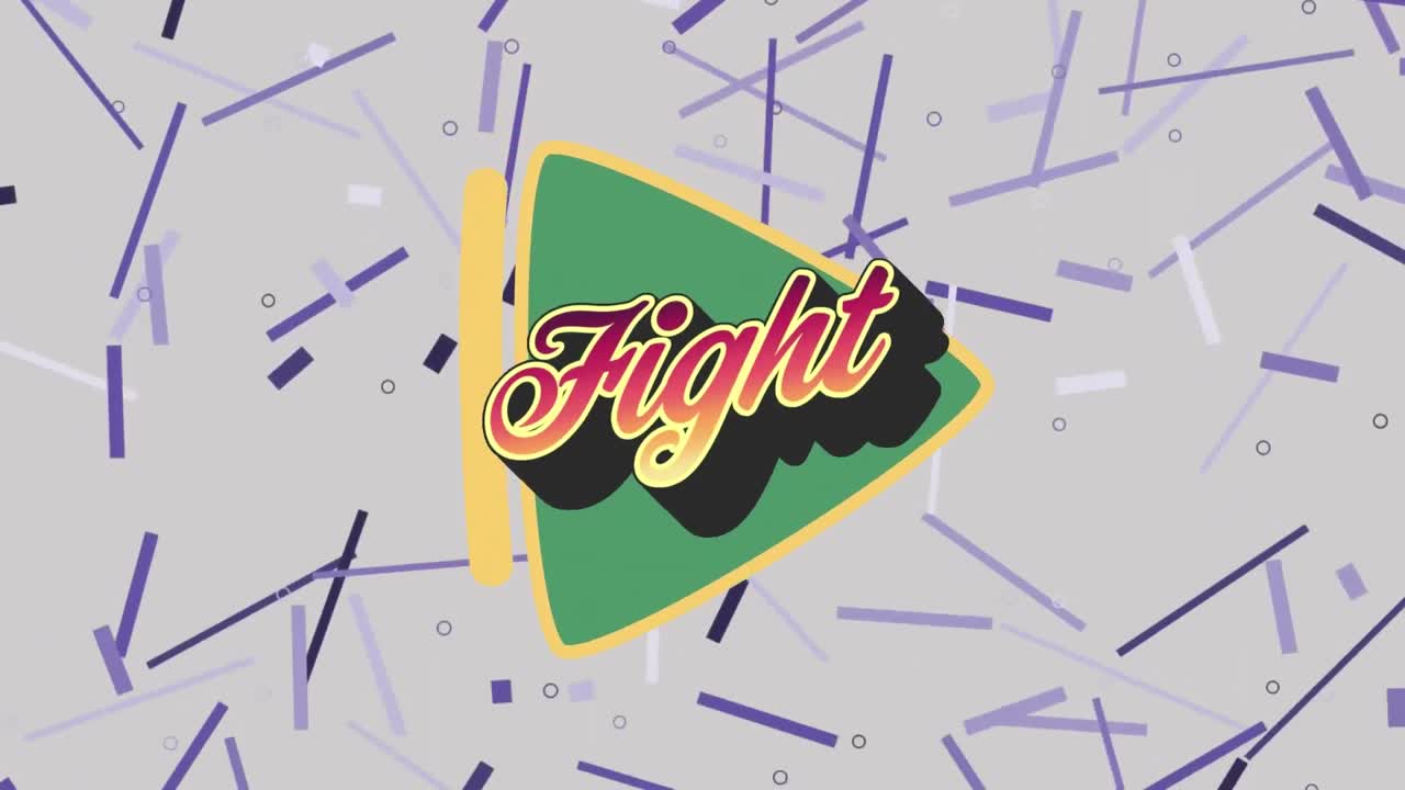 Animazione digitale della scritta 'Fight' su uno striscione verde, con forme astratte viola su sfondo grigio.
