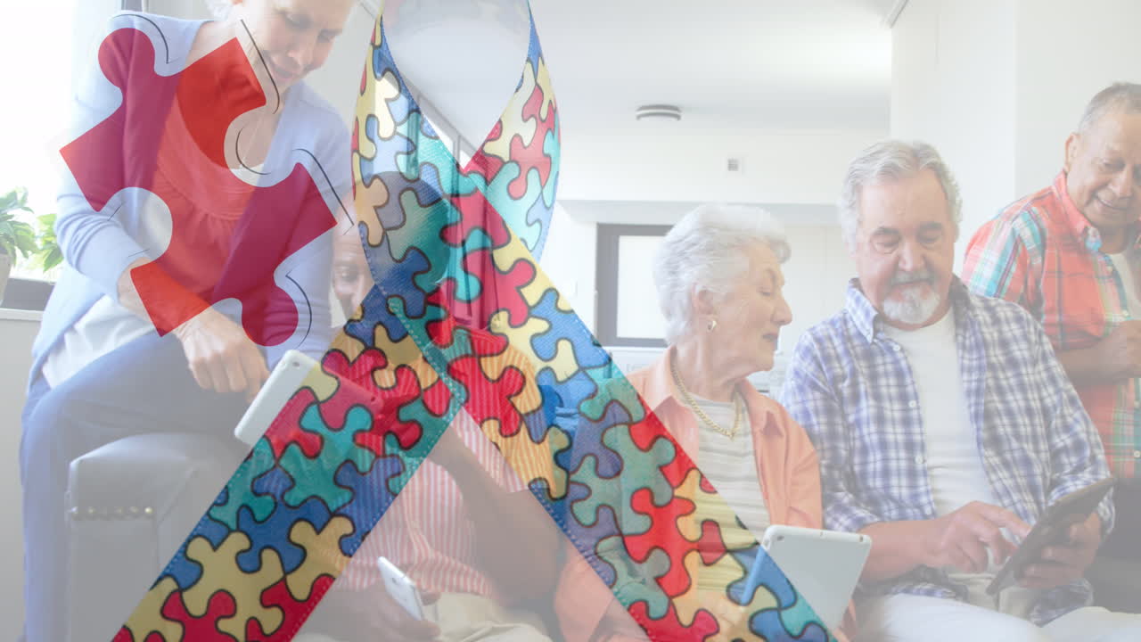 다채로운 퍼즐 조각의 애니메이션 리본을 태블릿을 사용하여 고령 친구들 위에