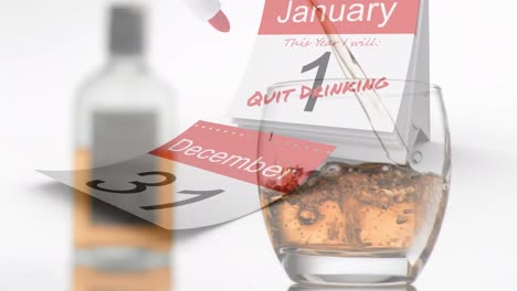 animation of glass of champagne over calendar on white background