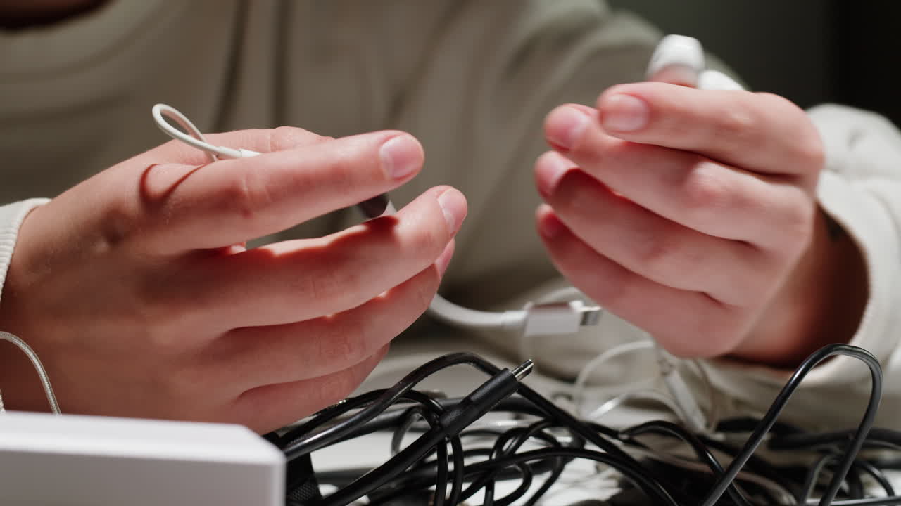 Young woman trying to untangle many various of wires close-up. Tangled wires and cables on table. Trying to untangle many messy and chaos cables