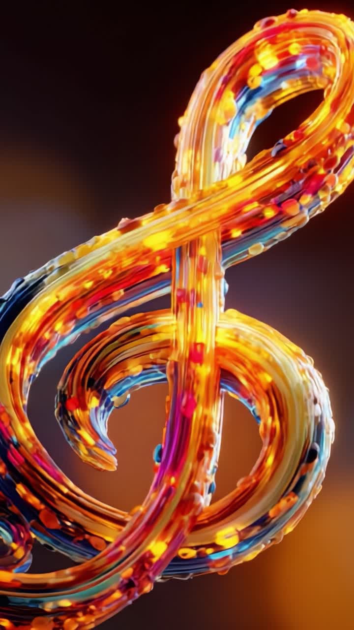 Ein lebendiges und farbenfrohes Violinschlüssel-Design, das mit hellen Lichtern und fließenden Bewegungen funkelt und die Freude und Schönheit der Musik in abstrakter Form perfekt illustriert.