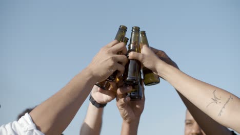 Cropped-shot-of-people-clinking-bottles-during-sunny-day.