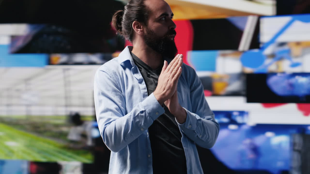 Determined successful guy enjoying digital connection between users