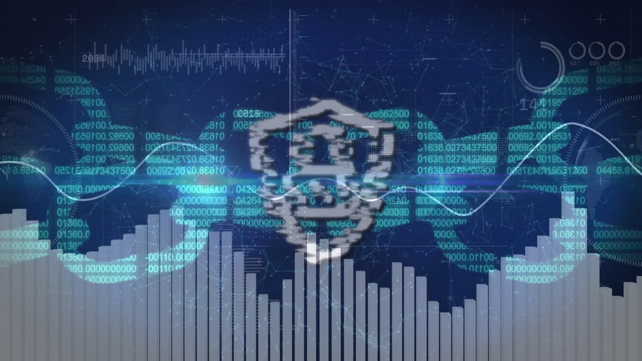 animación del candado y el procesamiento de datos financieros sobre fondo azul