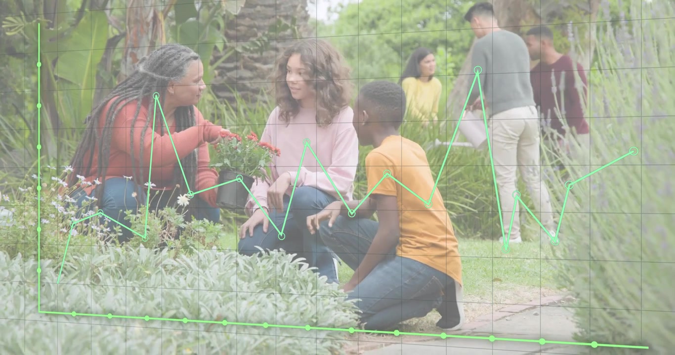 woman kneeling offering pot, guiding kids planting soil, spawning animated roots showing gardening