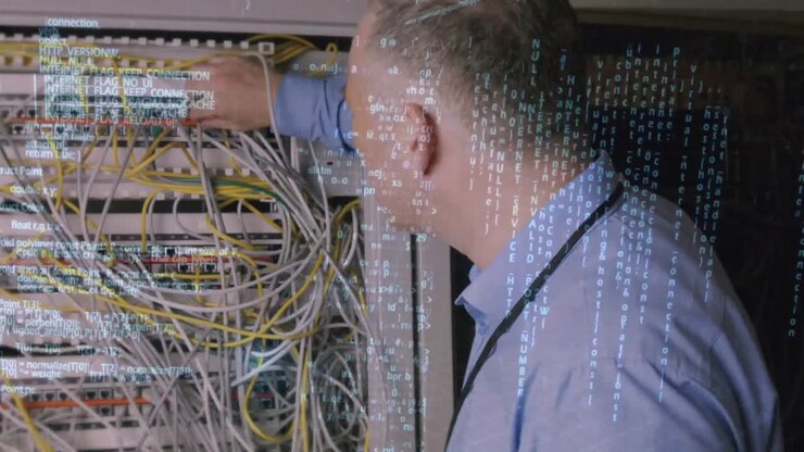 Digital composite of a technician checking a computer server