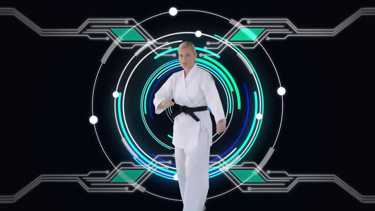 animación de un artista marcial masculino con escaneo de alcance y procesamiento de datos