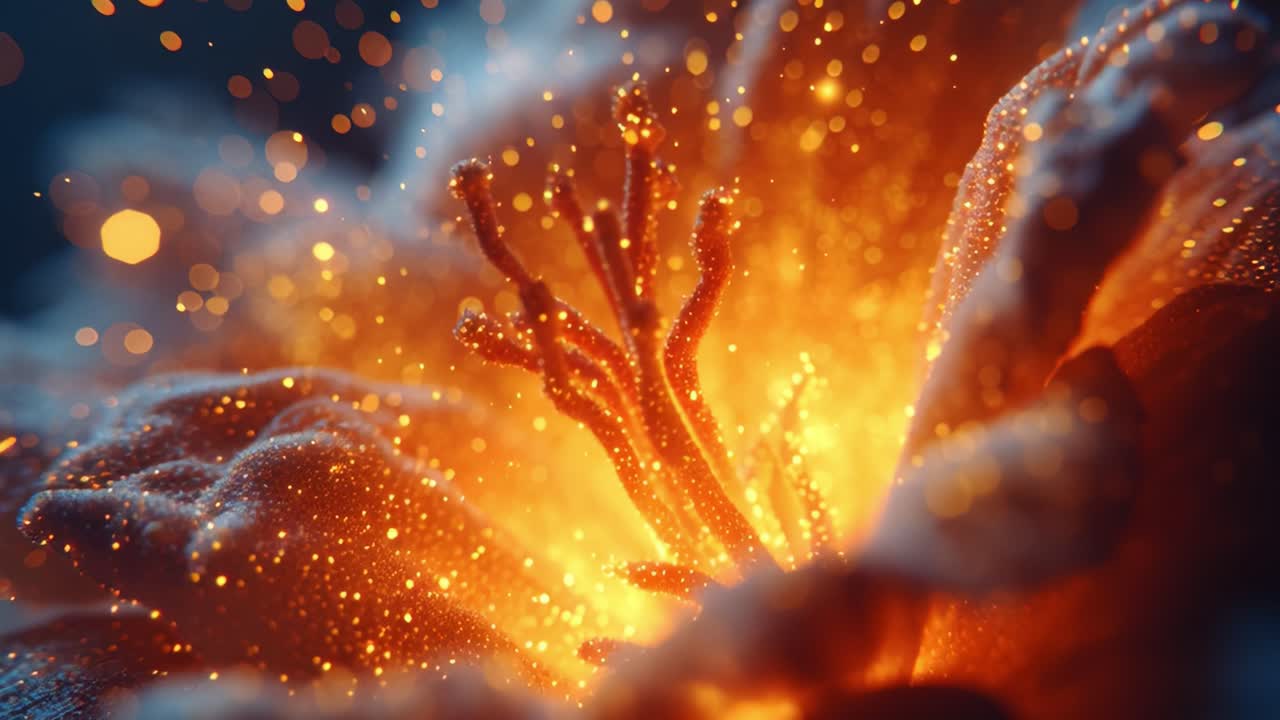 A Captivating Glimpse of a Flower Illuminated by Radiant Light and Sparkling Particles, Capturing the Intricate Beauty of Nature's Elegance in Stunning Detail