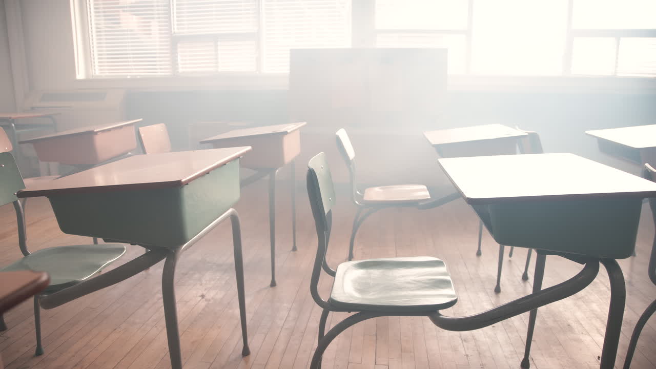 Classroom desks in iconic school scene