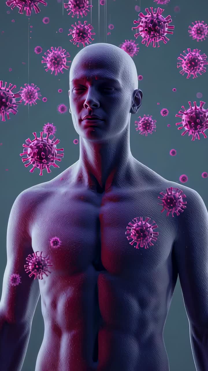 Vertical video: Zooming camera drawing 3D shirtless man closer in lab to highlight face and viruses