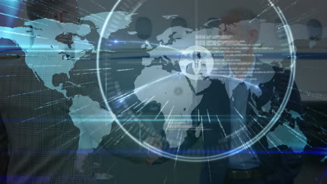 animation of network of connections over world map, airplane and businessmen