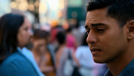 sad young man in a city crowd