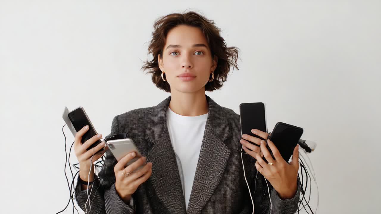 A modern individual surrounded by multiple smartphones and tangled wires, showcasing the complexity of technology in daily life and the importance of connectivity in our world