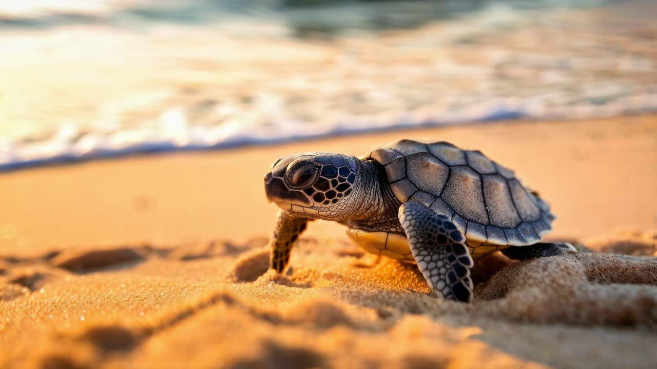 Close-up, low-angle shot of a baby turtle on a sandy beach at sunset, capturing a serene and natural