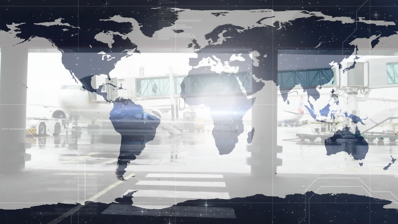 세계 지도에서 공항에서 빠르게 움직이는 트래픽에 대한 데이터 처리 애니메이션