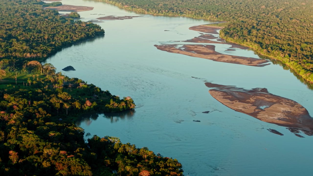 Majestic aerial view of the amazon river meandering through the lush rainforest in ecuador