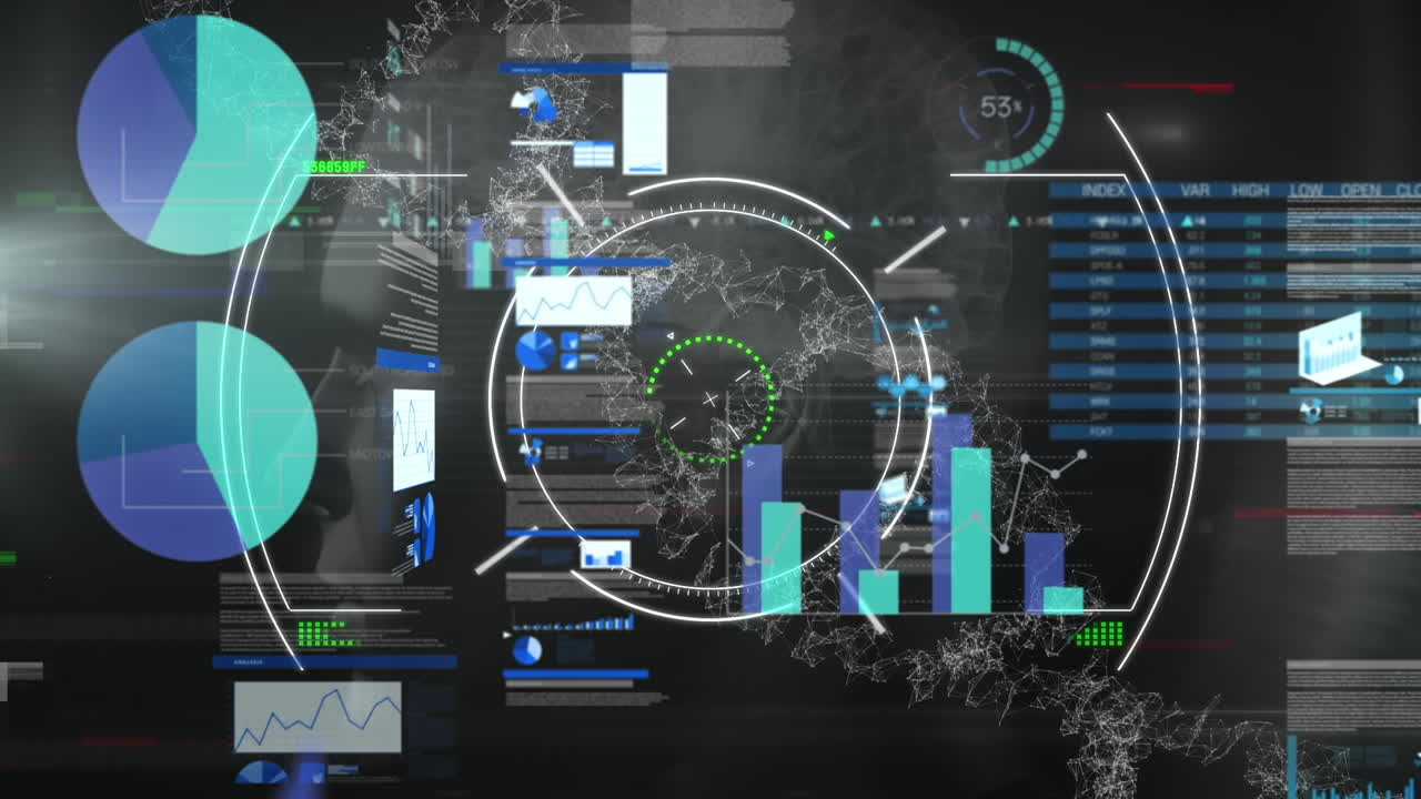 Animation of data processing over dark background