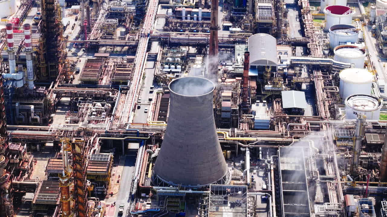 Plano aéreo en picado de una enorme torre de refinería que emite humo blanco, revelando la compleja red industrial que la rodea