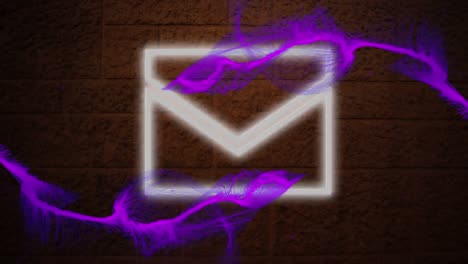 digital animation of purple digital waves over neon message icon against brick wall