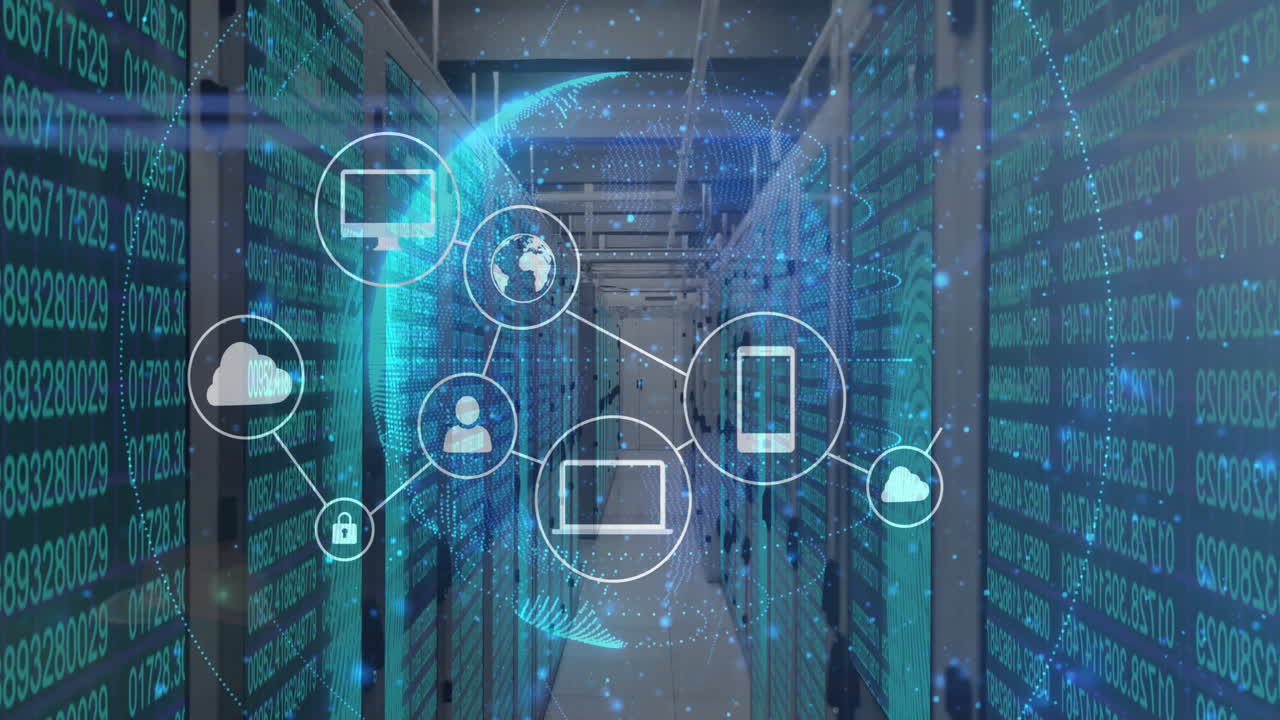 Digital network connections processing data in server room background animation
