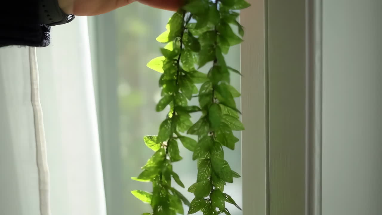 A person's hand holding a string of green leaves by a bright window