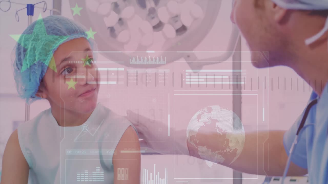 animación de procesamiento de datos sobre un médico caucásico hablando con un niño contra la bandera china.