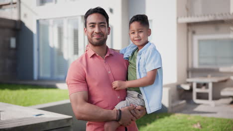 Family,-child-and-father-outdoor-by-new-house