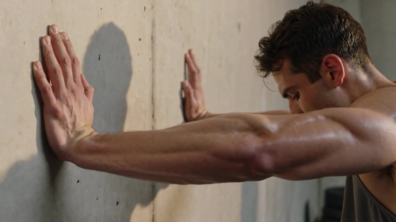 Atleta in canotta grigia che appoggia i palmi e si appoggia a un muro di cemento in palestra per la forza, spazio per il testo.