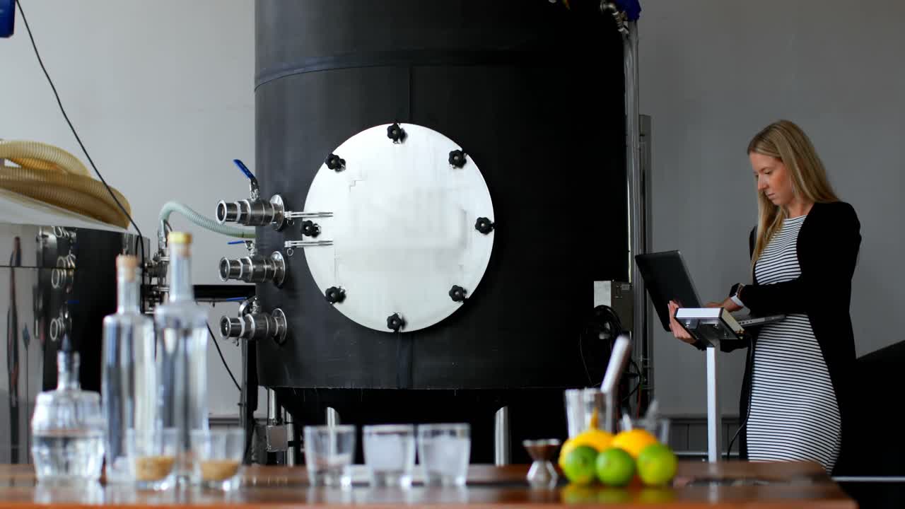 trabajadora que usa una computadora portátil en una fábrica de destilería 4k