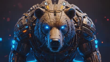 cyborg bear with glowing blue eyes