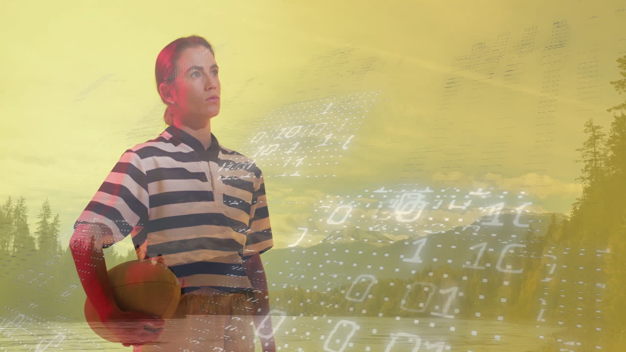 Holding basketball, child in school setting with animation of digital binary code