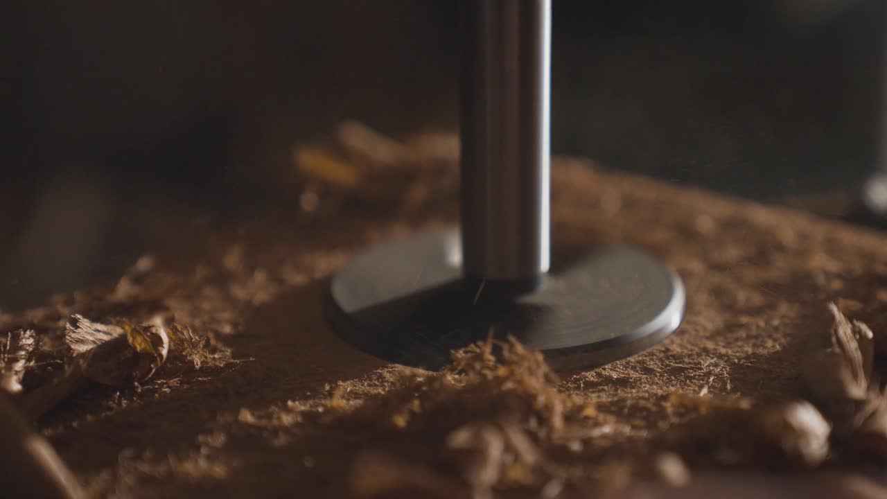 Close up of Forstner drill bit creating hole in wooden board, sawdust flying