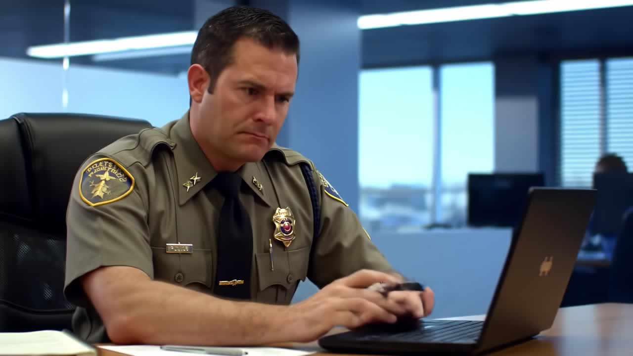Police Officer Working on Laptop in Office