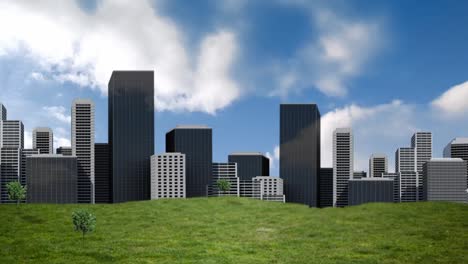 animation of cityscape over sky with clouds