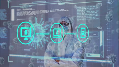 animation of icons, virus cells and digital interface over male doctor wearing face mask