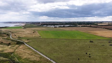 drone footage glides over green and golden fields near whitley bay, with dramatic cloudy skies and distant coastal landmarks visible in soft daylight