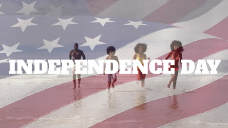 Animation-of-independence-day-text,-flag-of-america,-african-american-friends-running-at-shore