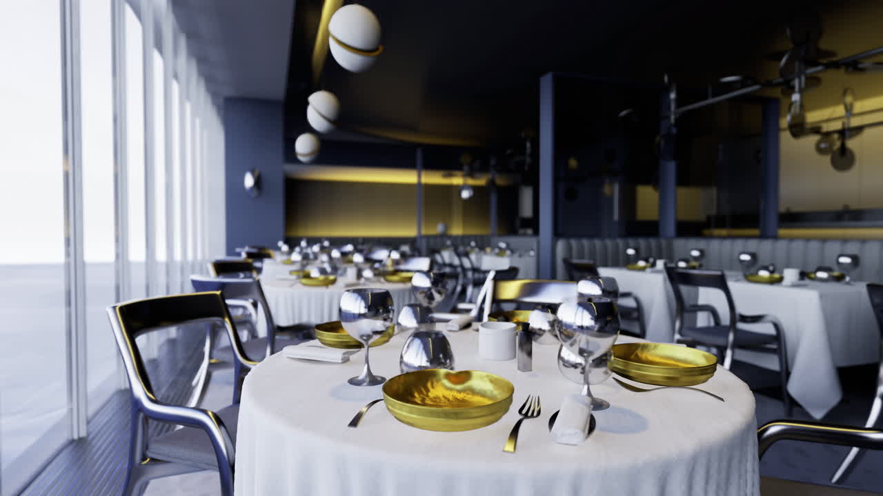 Elegant dining setup in a modern restaurant near the waterfront