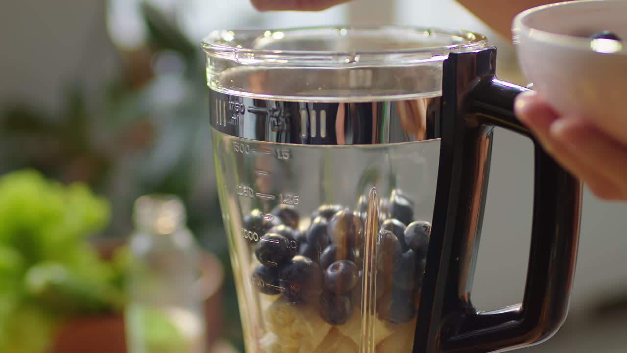 Hands of Woman Putting Fresh Blueberries into Blender