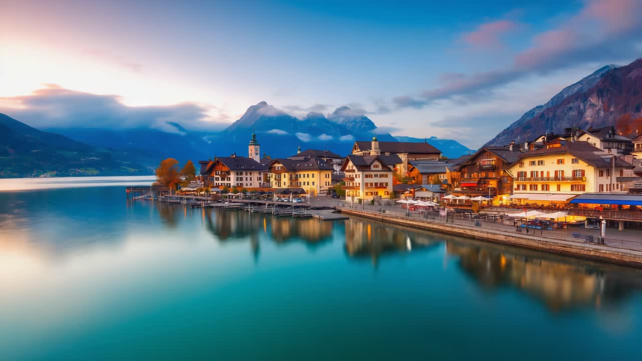 Picturesque Lakeside Town with Mountain Backdrop