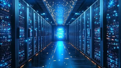 a long hallway in a server room filled with rows of servers