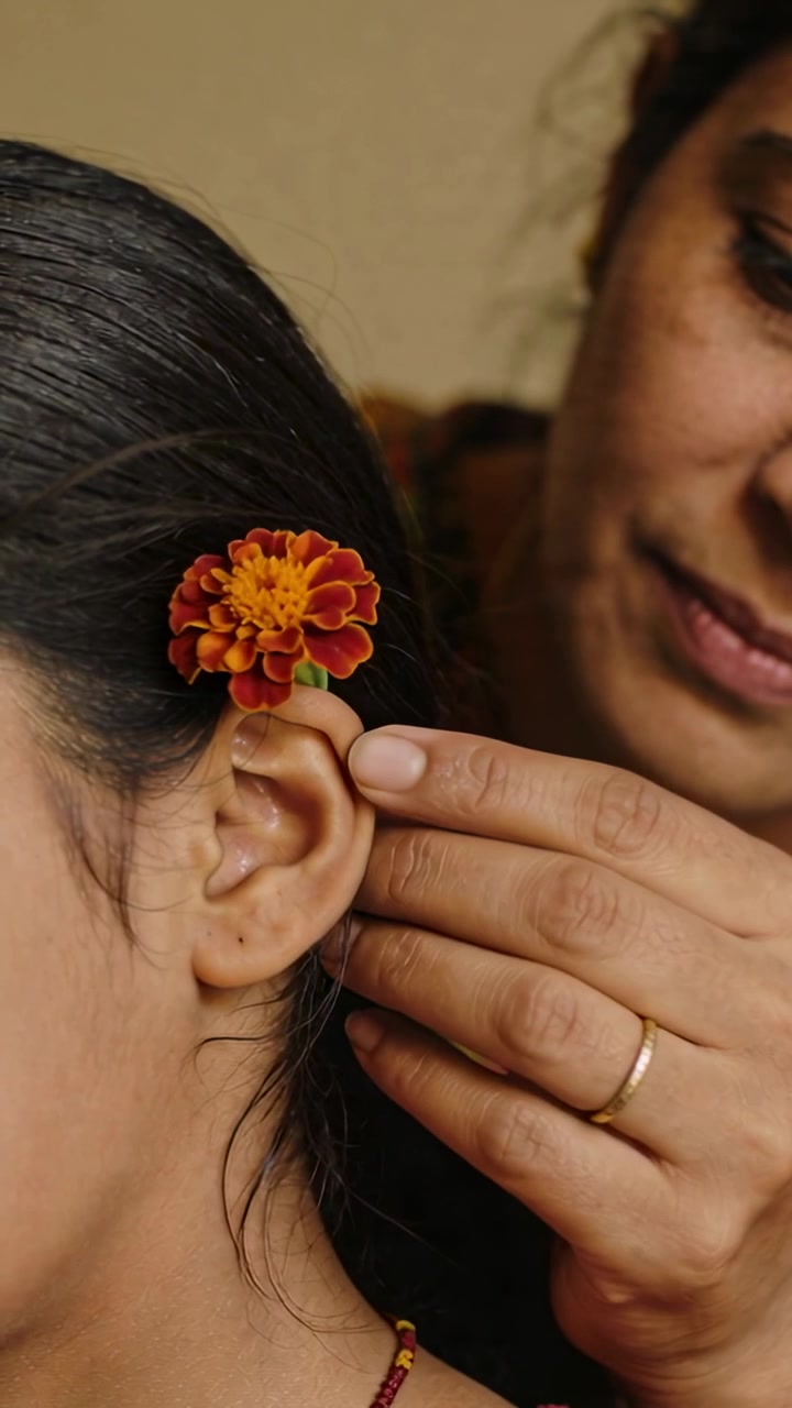 Vertical video: Reaching mom fixing marigold behind girl's left ear at home for hair, copy space