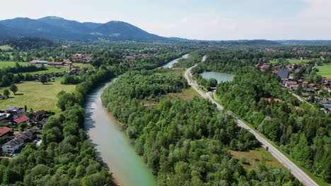 panoramic aerial view of lenggries town along the isar river, german town scenic landscape, bavaria, germany